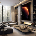 Quadro Decorativo Planeta Místico | quadros decorativos premium | Planeta incandescente em laranja e preto flutuando em espaço cósmico escuro. | em ambiente 4 | Porao dos Quadros