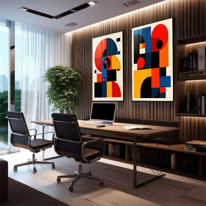 Quadro Decorativo Abstrato Energizante | quadros decorativos premium | Duas composições abstratas geométricas com círculos, retângulos em vermelho, azul, amarelo e preto | em ambiente 4 | Porao dos Quadros