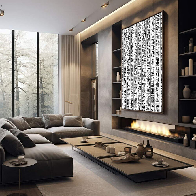 Quadro Decorativo Hieróglifos Modernos | quadros decorativos premium | Hieróglifos egípcios em preto e branco em composição densa de grid estruturado | em ambiente 4 | Porao dos Quadros