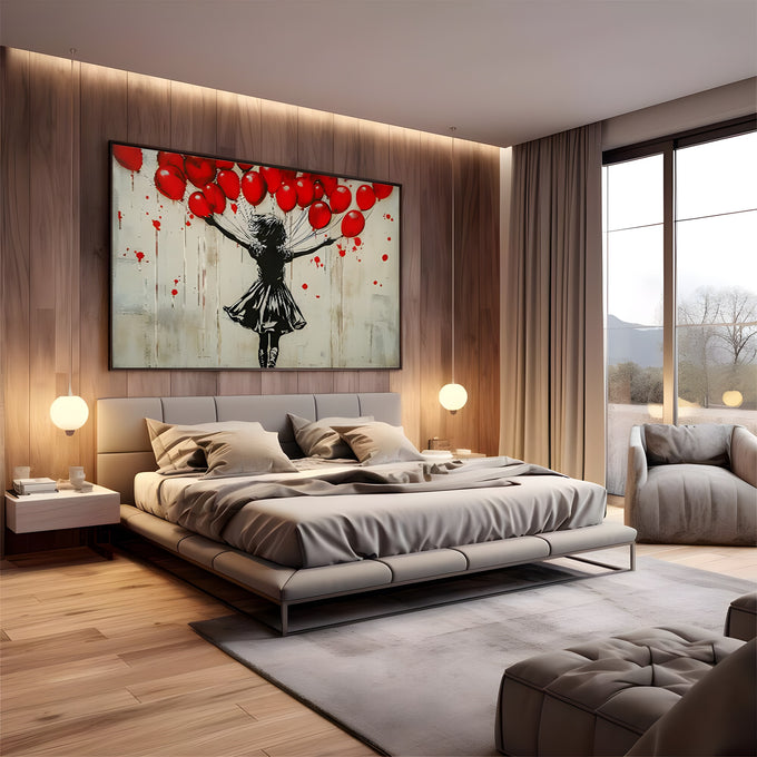 Silhueta de menina segurando balões vermelhos com respingos de tinta em fundo bege, quadro decorativo