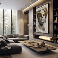 Quadro Decorativo Serenity em Mármore Dourado | quadros decorativos premium | Busto clássico blindado com detalhes dourados em composição vertical minimalista e sofisticada | em ambiente 4 | Porao dos Quadros