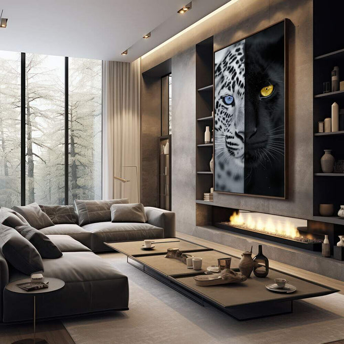 Quadro Decorativo Jaguar: Luz e Sombra | quadros decorativos premium | Leopardo branco com olhos azuis e pantera preta com olhos dourados em composição contrastante | em ambiente 4 | Porao dos Quadros