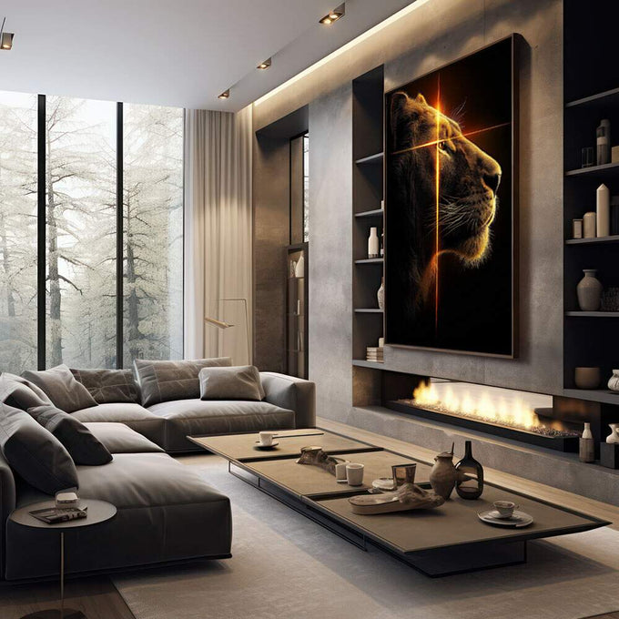 Quadro Decorativo Retrato Majestoso do Leão | quadros decorativos premium | Leão em perfil com iluminação dourada contra fundo preto absoluto, composição majestosa e contemplativa | em ambiente 4 | Porao dos Quadros