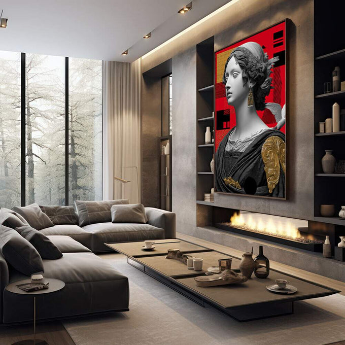 Quadro Decorativo Elegância Moderna | quadros decorativos premium | Busto clássico em branco e cinza sobre fundo vermelho vibrante com detalhes em dourado e preto. | em ambiente 4 | Porao dos Quadros