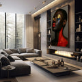 Quadro Decorativo Retrato da Resistência | quadros decorativos premium | Retrato feminino com pele escura, ouro nos olhos, lágrimas azuis e boca vermelha em composição artística. | em ambiente 4 | Porao dos Quadros