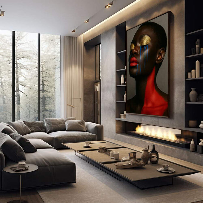 Quadro Decorativo Retrato da Resistência | quadros decorativos premium | Retrato feminino com pele escura, ouro nos olhos, lágrimas azuis e boca vermelha em composição artística. | em ambiente 4 | Porao dos Quadros
