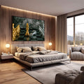 Quadro Decorativo Majestade do Xadrez | quadros decorativos premium | Peças de xadrez em dourado e prata sobre tabuleiro verde escuro com rainha em destaque e rei caído. | em ambiente 4 | Porao dos Quadros