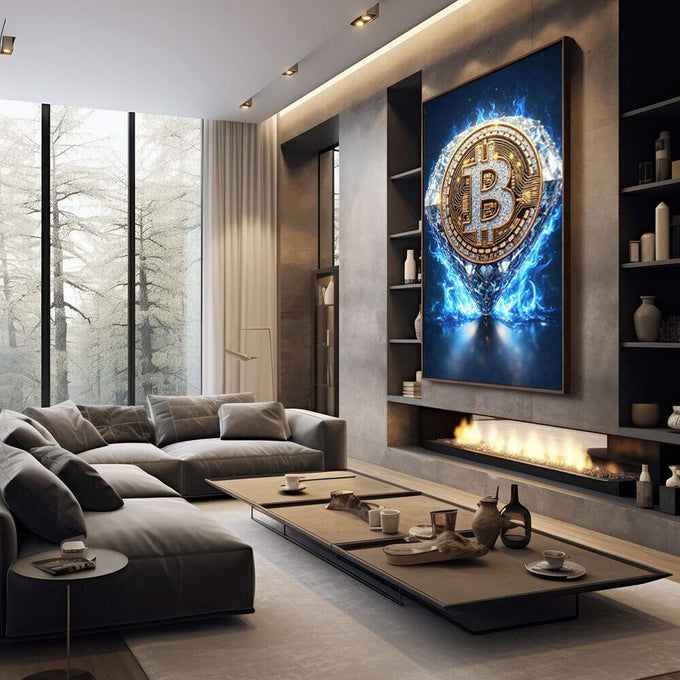 Quadro Decorativo Bitcoin Brilhante | quadros decorativos premium | Bitcoin em chamas azuis e dourado com aura luminosa em composição dinâmica | em ambiente 4 | Porao dos Quadros