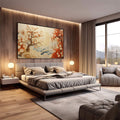 Quadro Decorativo Natureza em Flor | quadros decorativos premium | Árvores floridas em relevo com tons laranja e bege sobre paisagem ondulada texturizada | em ambiente 4 | Porao dos Quadros