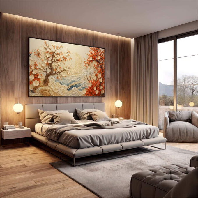 Quadro Decorativo Natureza em Flor | quadros decorativos premium | Árvores floridas em relevo com tons laranja e bege sobre paisagem ondulada texturizada | em ambiente 4 | Porao dos Quadros