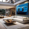 Quadro Decorativo Carro Esportivo em Azul Vibrante - Elegância e Velocidade | quadros decorativos premium | Porsche azul clássico em vista superior com detalhes realistas e fundo azul profundo. | em ambiente 4 | Porao dos Quadros