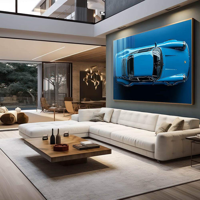 Quadro Decorativo Carro Esportivo em Azul Vibrante - Elegância e Velocidade | quadros decorativos premium | Porsche azul clássico em vista superior com detalhes realistas e fundo azul profundo. | em ambiente 4 | Porao dos Quadros