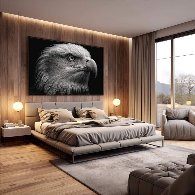 Quadro Decorativo Águia Majestosa | quadros decorativos premium | Águia em close com cabeça branca e olho intenso em preto e cinza realista | em ambiente 4 | Porao dos Quadros