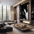 Quadro Decorativo Cavalo Elegante em Preto e Branco | quadros decorativos premium | Cavalo preto majestoso em perfil com crina ao vento contra fundo branco. | em ambiente 4 | Porao dos Quadros