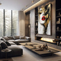 Quadro Decorativo Feminino Elegante com Dourado | quadros decorativos premium | Mulher com rosto em realismo, lábios vermelhos vibrantes, salpicos de dourado e preto na composição. | em ambiente 4 | Porao dos Quadros