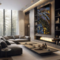 Quadro Decorativo Misteriosa Elegância Abstracta | quadros decorativos premium | Abstrato com partículas douradas em movimento contra fundo azul escuro profundo. | em ambiente 4 | Porao dos Quadros