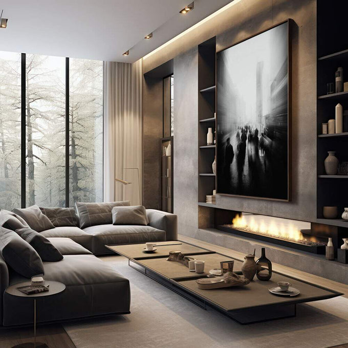 Quadro Decorativo Urbanidade em Preto e Branco | quadros decorativos premium | Cena urbana em preto e branco com pedestres em rua nebulosa e edifícios ao fundo | em ambiente 4 | Porao dos Quadros