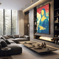 Quadro Decorativo - Mona Lisa Moderna | quadros decorativos premium | Mona Lisa em Pop Art com tons azuis profundos, amarelos vibrantes e detalhes em salmão em composição clássica reinterpretada. | em ambiente 4 | Porao dos Quadros
