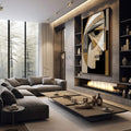 Quadro Decorativo Minimalista Olhar Enigmático | quadros decorativos premium | Rosto abstrato geométrico em preto, branco e dourado com olho em destaque. | em ambiente 4 | Porao dos Quadros