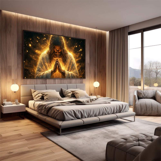 Quadro Decorativo Aura de Luz Dourada | quadros decorativos premium | Figura divina em oração envolvida em aura dourada luminosa com partículas brilhantes | em ambiente 4 | Porao dos Quadros