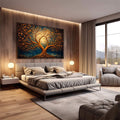 Quadro Decorativo Árvore da Vida | quadros decorativos premium | Árvore dourada com flores laranja em fundo azul e cenário citadino | em ambiente 4 | Porao dos Quadros