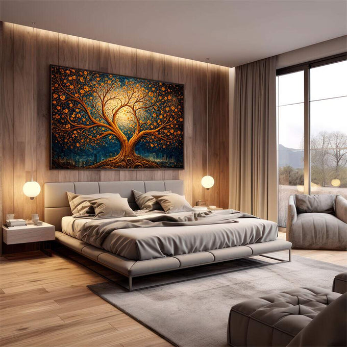Quadro Decorativo Árvore da Vida | quadros decorativos premium | Árvore dourada com flores laranja em fundo azul e cenário citadino | em ambiente 4 | Porao dos Quadros