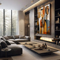 Quadro Decorativo Abstrato Humano - Conexões Visuais | quadros decorativos premium | Três figuras abstratas com formas geométricas em laranja, bege e marrom com composição fragmentada e sobreposta. | em ambiente 4 | Porao dos Quadros