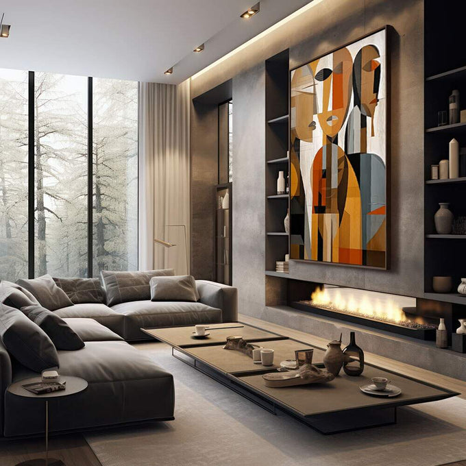 Quadro Decorativo Abstrato Humano - Conexões Visuais | quadros decorativos premium | Três figuras abstratas com formas geométricas em laranja, bege e marrom com composição fragmentada e sobreposta. | em ambiente 4 | Porao dos Quadros