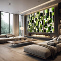 Quadro Decorativo Geométrico em Verde | quadros decorativos premium | Três telas com composição geométrica de formas arredondadas em verde vibrante, preto e branco com textura tecida. | em ambiente 4 | Porao dos Quadros