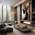 Quadro Decorativo Força e Cultura Feminina | quadros decorativos premium | Mulher africana em perfil preto com turbante dourado e padrões ornamentados detalhados. | em ambiente 4 | Porao dos Quadros