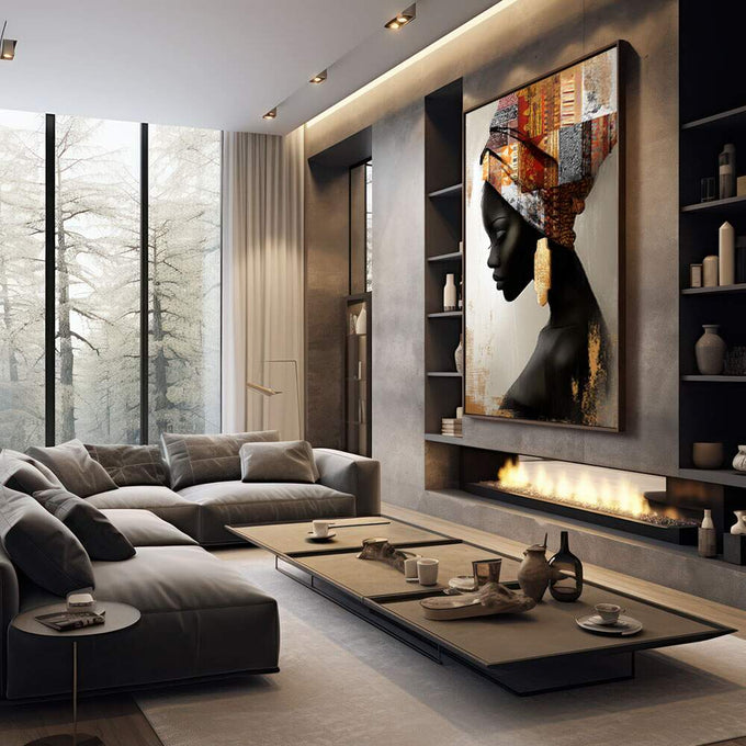 Quadro Decorativo Força e Cultura Feminina | quadros decorativos premium | Mulher africana em perfil preto com turbante dourado e padrões ornamentados detalhados. | em ambiente 4 | Porao dos Quadros