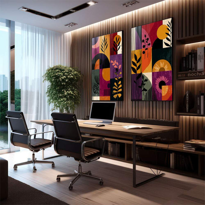 Quadro Decorativo Abstrato Vibrante | quadros decorativos premium | Dois painéis abstratos com formas geométricas em laranja, roxo, preto e tons neutros com flores estilizadas | em ambiente 4 | Porao dos Quadros