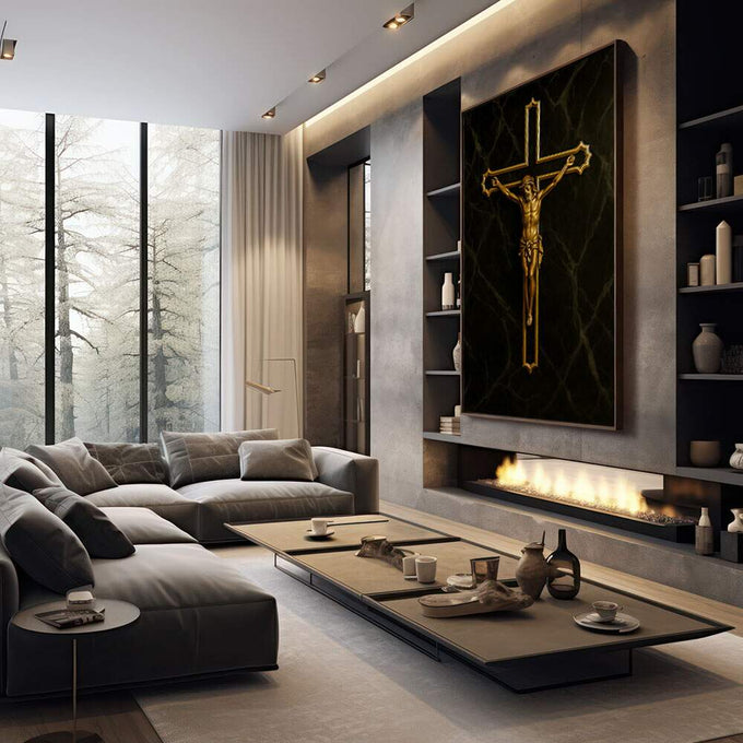 Quadro Decorativo Cristo Dourado em Serenidade | quadros decorativos premium | Crucifixo dourado em fundo preto com moldura geométrica e acabamento em mármores luxuosos | em ambiente 4 | Porao dos Quadros
