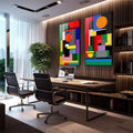 Quadro Decorativo Abstrato Geométrico Vibrante | quadros decorativos premium | Composição abstrata geométrica com cores vibrantes, círculos, linhas e padrões em paleta pop art | em ambiente 4 | Porao dos Quadros
