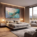 Quadro Decorativo Árvore da Vida Colorida | quadros decorativos premium | Paisagem abstrata em tons azuis, turquesas e dourados com composição etérea e luminosa | em ambiente 4 | Porao dos Quadros
