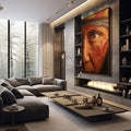 Quadro Decorativo - Rosto Ancestral Arte da Conexão Humana | quadros decorativos premium | Rosto com padrão geométrico em vermelho e dourado, fusão de figuração e abstração | em ambiente 4 | Porao dos Quadros