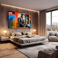 Saxofonista de jazz em preto e branco com piano e blocos vermelho, azul e laranja, quadro decorativo