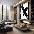 Quadro Decorativo Pincelada em Preto e Branco | quadros decorativos premium | X em traços pretos e cinzentos sobre fundo branco com composição abstrata expressiva. | em ambiente 4 | Porao dos Quadros