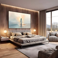 Jesus de túnica branca caminhando sobre as águas na neblina do amanhecer, quadro decorativo