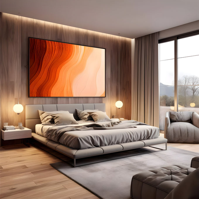 Pintura abstrata de ondas fluidas em degradê do laranja escuro ao pêssego claro, quadro decorativo