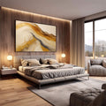 Quadro Decorativo Abstração com Harmonia e Estilo | quadros decorativos premium | Composição abstrata com fluxos de ouro e bege em tons quentes e traços negros | em ambiente 4 | Porao dos Quadros