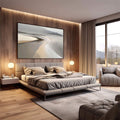 Quadro Decorativo Serenidade de Areia | quadros decorativos premium | Paisagem abstrata com formas fluidas em tons de bege, cinza e branco com perspectiva serena. | em ambiente 4 | Porao dos Quadros