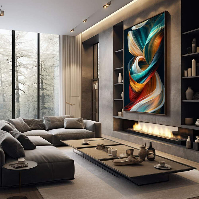 Quadro Decorativo Espiral de Cores | quadros decorativos premium | Formas abstratas em azul, laranja e vermelho fluem em composição dinâmica e sofisticada | em ambiente 4 | Porao dos Quadros