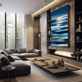 Quadro Decorativo Abstrato Serenidade Azul | quadros decorativos premium | Paisagem abstrata marinha com camadas horizontais em azul, branco e dourado brilhante | em ambiente 4 | Porao dos Quadros