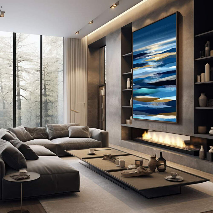 Quadro Decorativo Abstrato Serenidade Azul | quadros decorativos premium | Paisagem abstrata marinha com camadas horizontais em azul, branco e dourado brilhante | em ambiente 4 | Porao dos Quadros