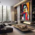 Quadro Decorativo Serenidade em Cores Vibrantes | quadros decorativos premium | Retrato em pop art com cores vibrantes vermelho, laranja, azul e amarelo em composição expressiva vertical. | em ambiente 4 | Porao dos Quadros