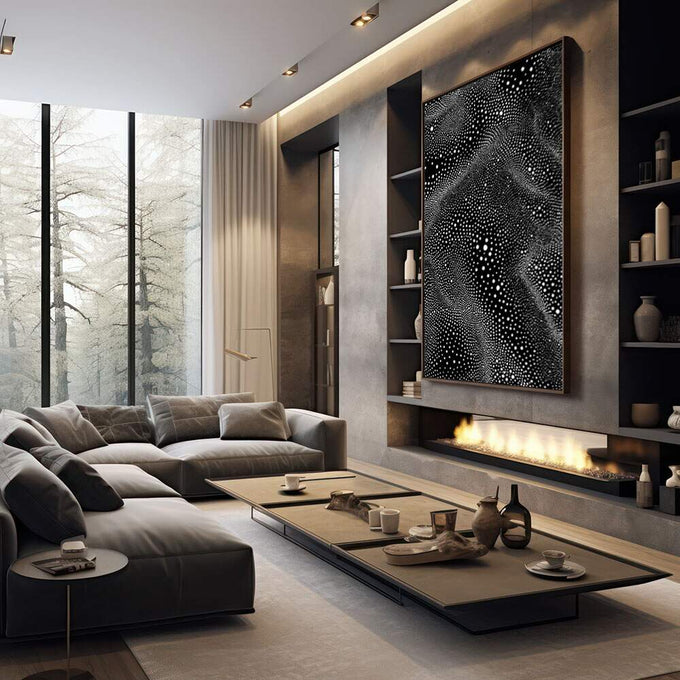 Quadro Decorativo Abstrato Estelar | quadros decorativos premium | Padrão abstrato com pontos e círculos preto e branco em composição fluida e geométrica | em ambiente 4 | Porao dos Quadros