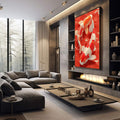 Quadro Decorativo Koi em Movimento | quadros decorativos premium | Carpas koi em vermelho e branco nadadando em composição dinâmica sobre fundo vermelho intenso | em ambiente 4 | Porao dos Quadros