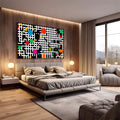 Quadro Decorativo Abstrato Vibrante | quadros decorativos premium | Composição abstrata geométrica com labirinto de linhas preto e branco com formas coloridas flutuando | em ambiente 4 | Porao dos Quadros