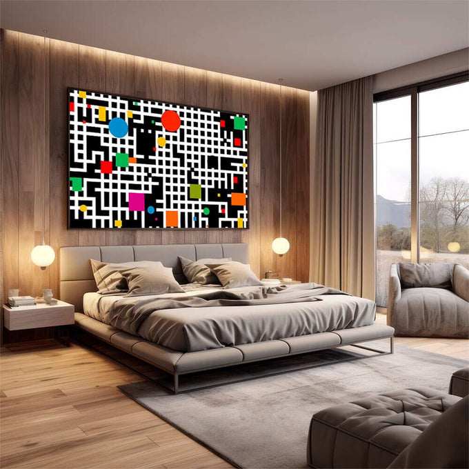 Quadro Decorativo Abstrato Vibrante | quadros decorativos premium | Composição abstrata geométrica com labirinto de linhas preto e branco com formas coloridas flutuando | em ambiente 4 | Porao dos Quadros
